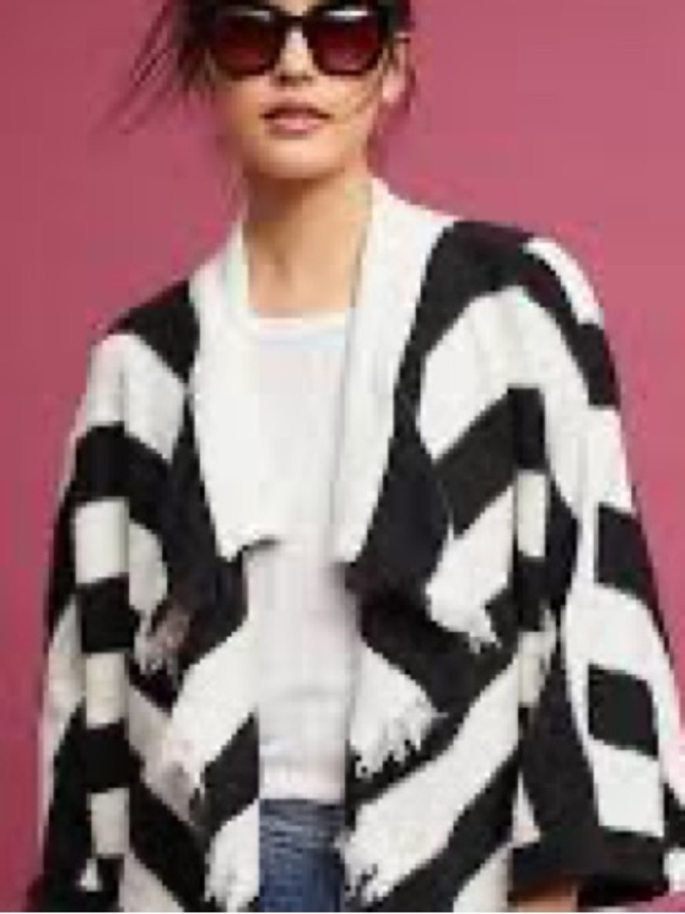 Moth Anthropologie Amba Fringe Cardigan Black Cream Striped Open Front M/L Boho